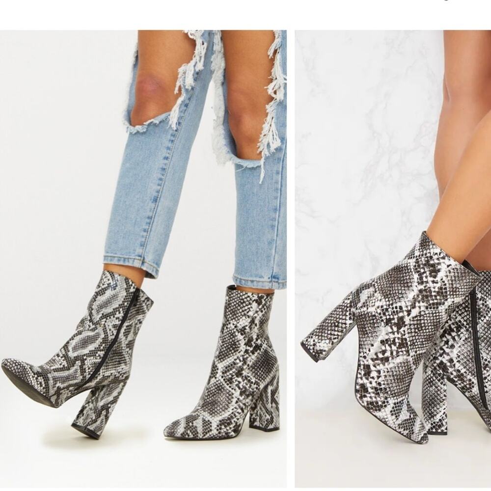 Pretty Little Thing Black Snake High Point Ankle Boot